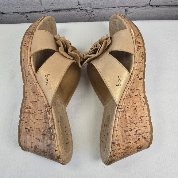 BOC BORN JAMAICA LEATHER FLOWER CORK WEDGE SLIDE SANDAL BEIGE SIZE 10 EUC WOMENS - Picture 9 of 10